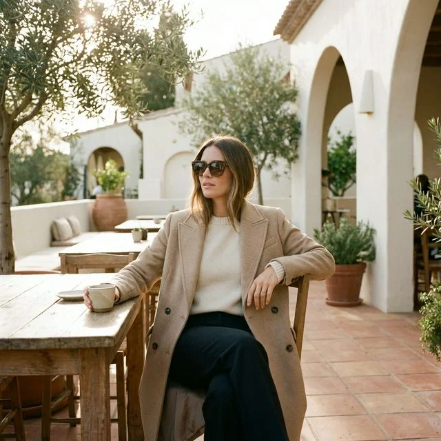Un café al sol, con un look de tonos cálidos y prendas cotidianas